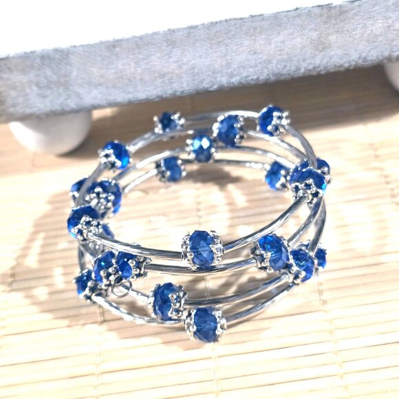 Handcrafted Crystal Wrap Bracelet With Blue Faceted Beads - Picture 5 of 7